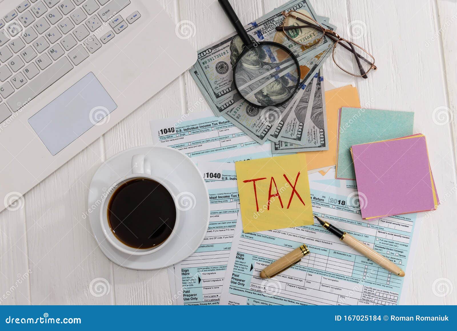 Tax Declaration with Dollars and Coffee Top View Editorial Stock Image