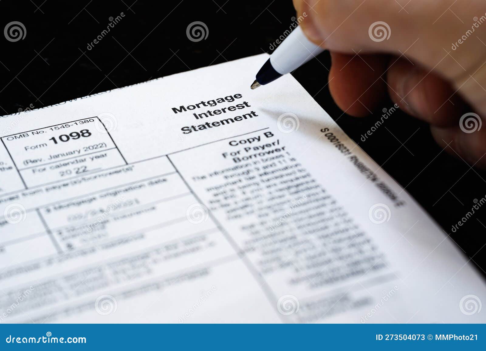 1098 Tax Form for Mortgage Interest Statement, Close Up Stock Image