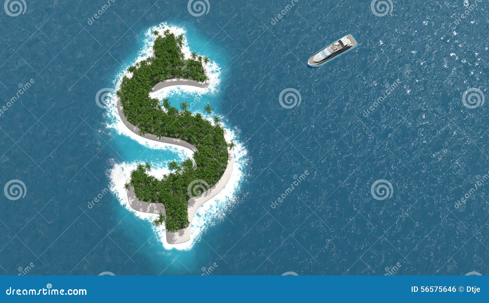 tax haven, financial or wealth evasion on a dollar island. a luxury boat is sailing to the island.