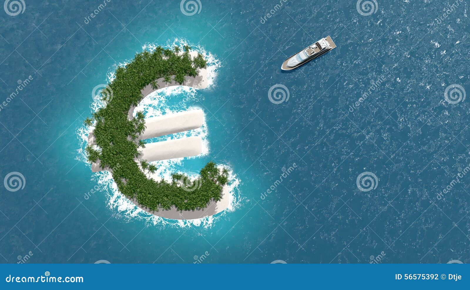 tax haven, financial or wealth evasion on a euro island. a luxury boat is sailing to the island.