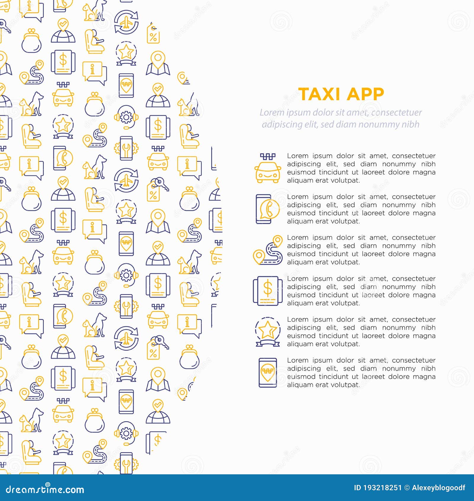 taxi app concept with thin line icons: payment method, promocode, app settings, info, support service, route, destination, airport
