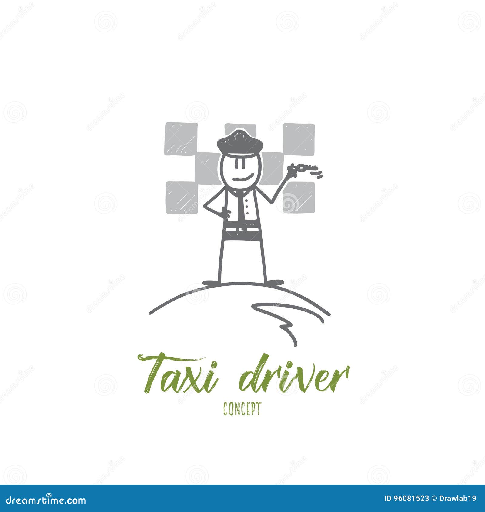 Taxi driver concept. Hand drawn isolated vector. Taxi driver concept. Hand drawn male taxi driver with keys. Man in uniform waiting for passengers in a taxi isolated vector illustration.