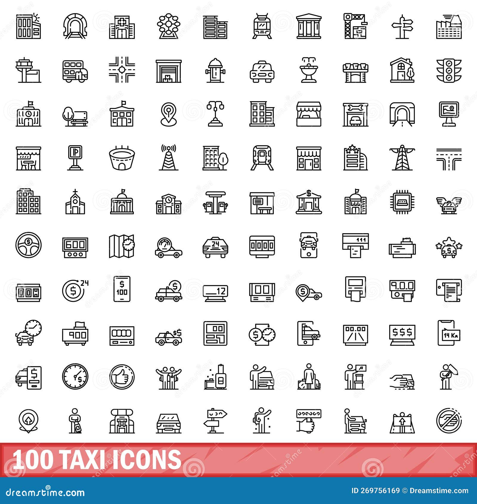 100 taxi icons set, outline style