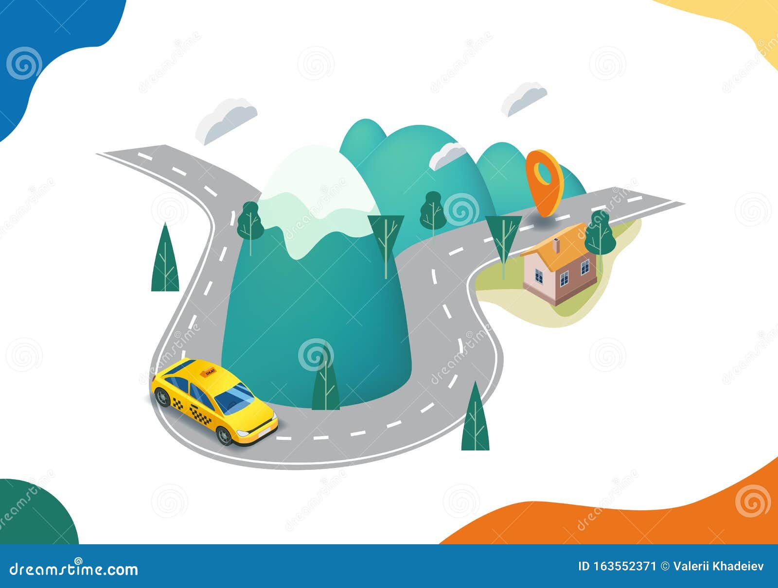 Taxi Service Isometric Map Road And Yellow Car Landscape Mountains Landing Online Mobile Application Order Taxi Stock Vector Illustration Of Drive Service