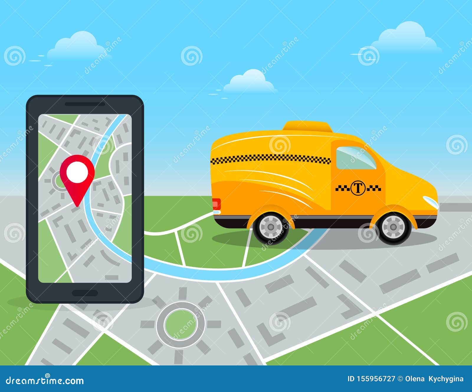 Taxi Service. Smartphone with Mobile App for Tracking Taxi and Yellow Car  on Background with City Map Stock Illustration - Illustration of banner,  business: 155956727