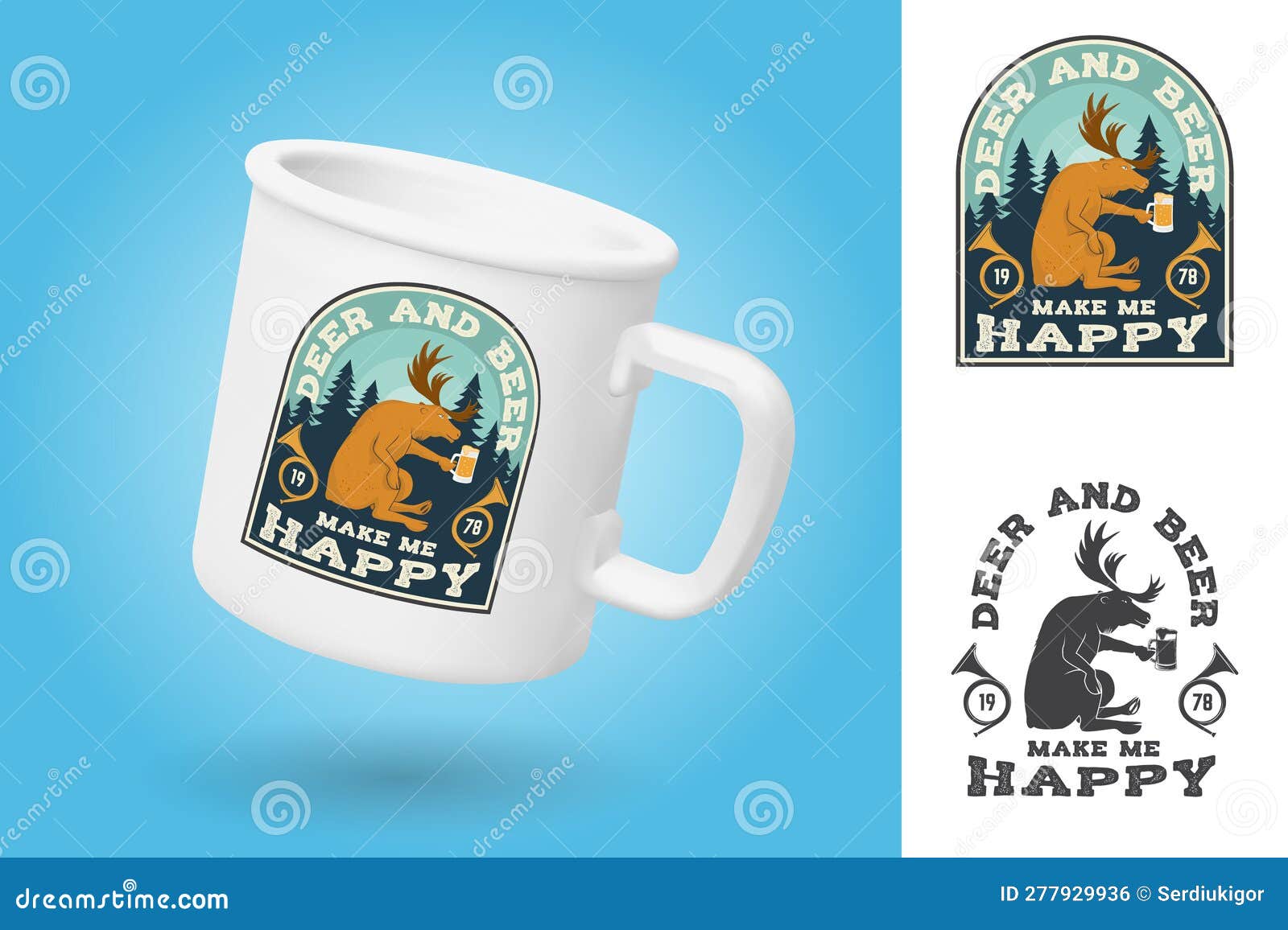 Taza Blanca De Camping. Plantilla De Simulación De Mugre Realista Con  Diseño De Ejemplo. Venado Y Cerveza Me Hacen Feliz. Vector. Ilustración del  Vector - Ilustración de retro, deporte: 277929936