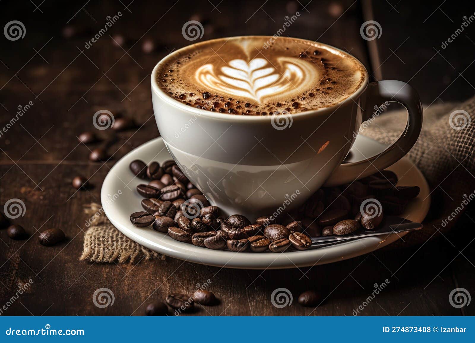 Taza de café con leche en forma de corazón, granos de café en la