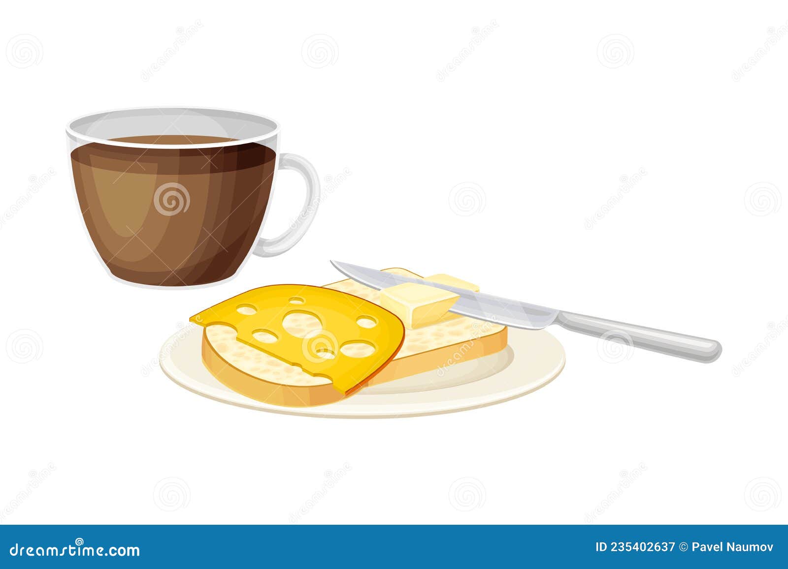 Taza De Café Tostadas Mantequilla De Pan Y Queso. Dibujos Animados Del  Concepto De Desayunos Por La Mañana Ilustración del Vector - Ilustración de  bocado, mantequilla: 235402637