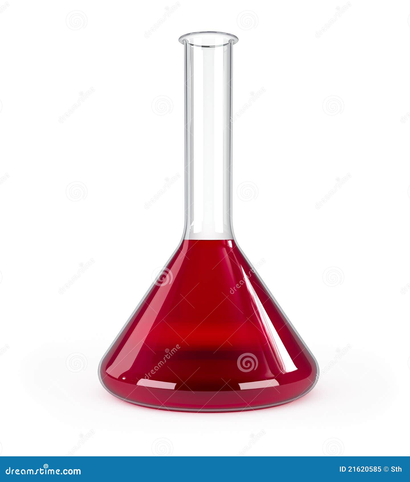 Taça do laboratório. Garrafa química com líquido vermelho no branco