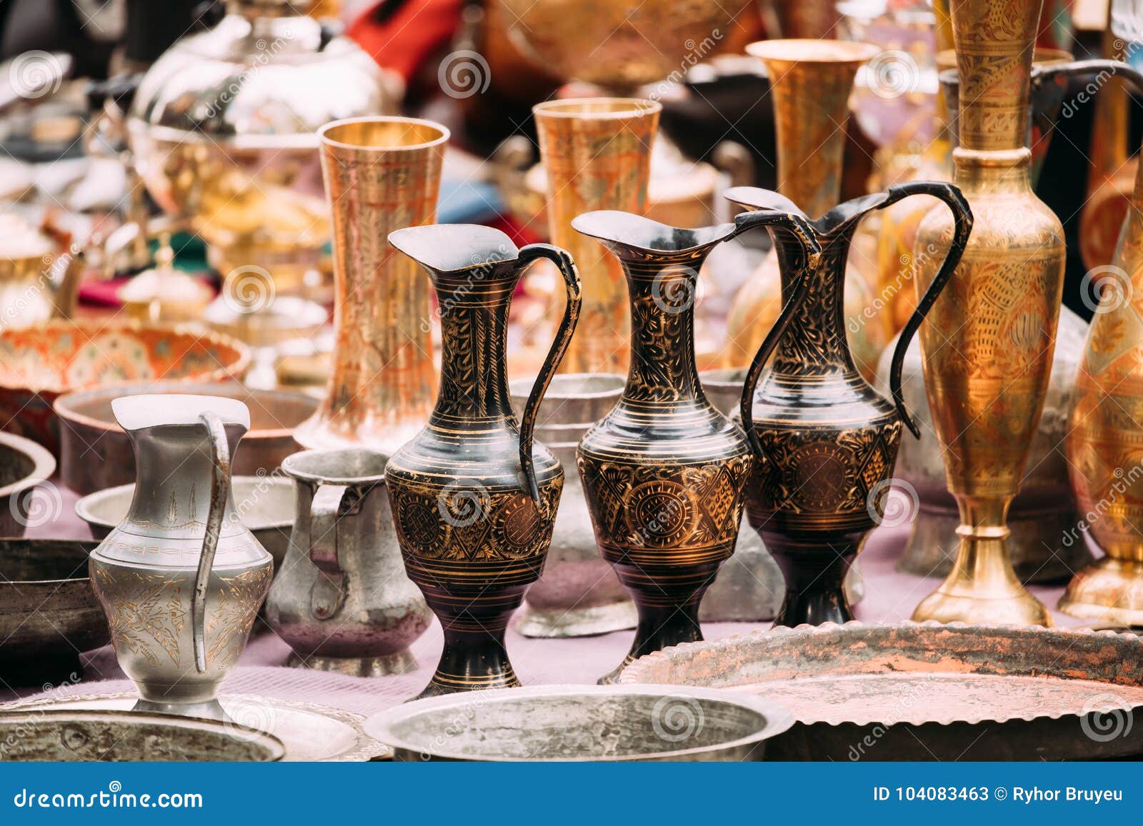 tbilisi, georgia. close view of jugs in shop flea market of antiques old retro vintage things
