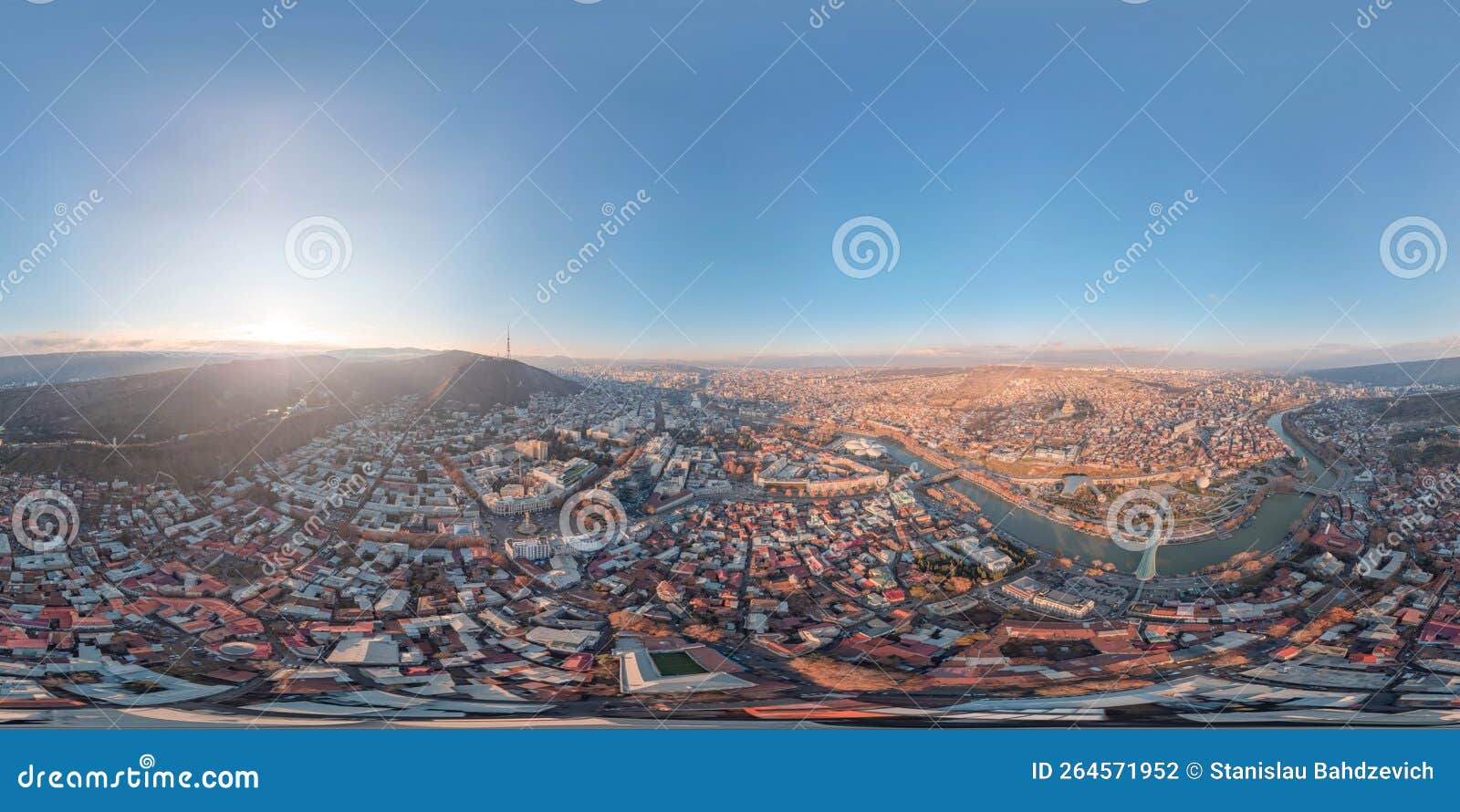 tbilisi georgia old town mtacminda dron image with 3d spherical air panorama with 360 degree viewing angle. ready for virtual