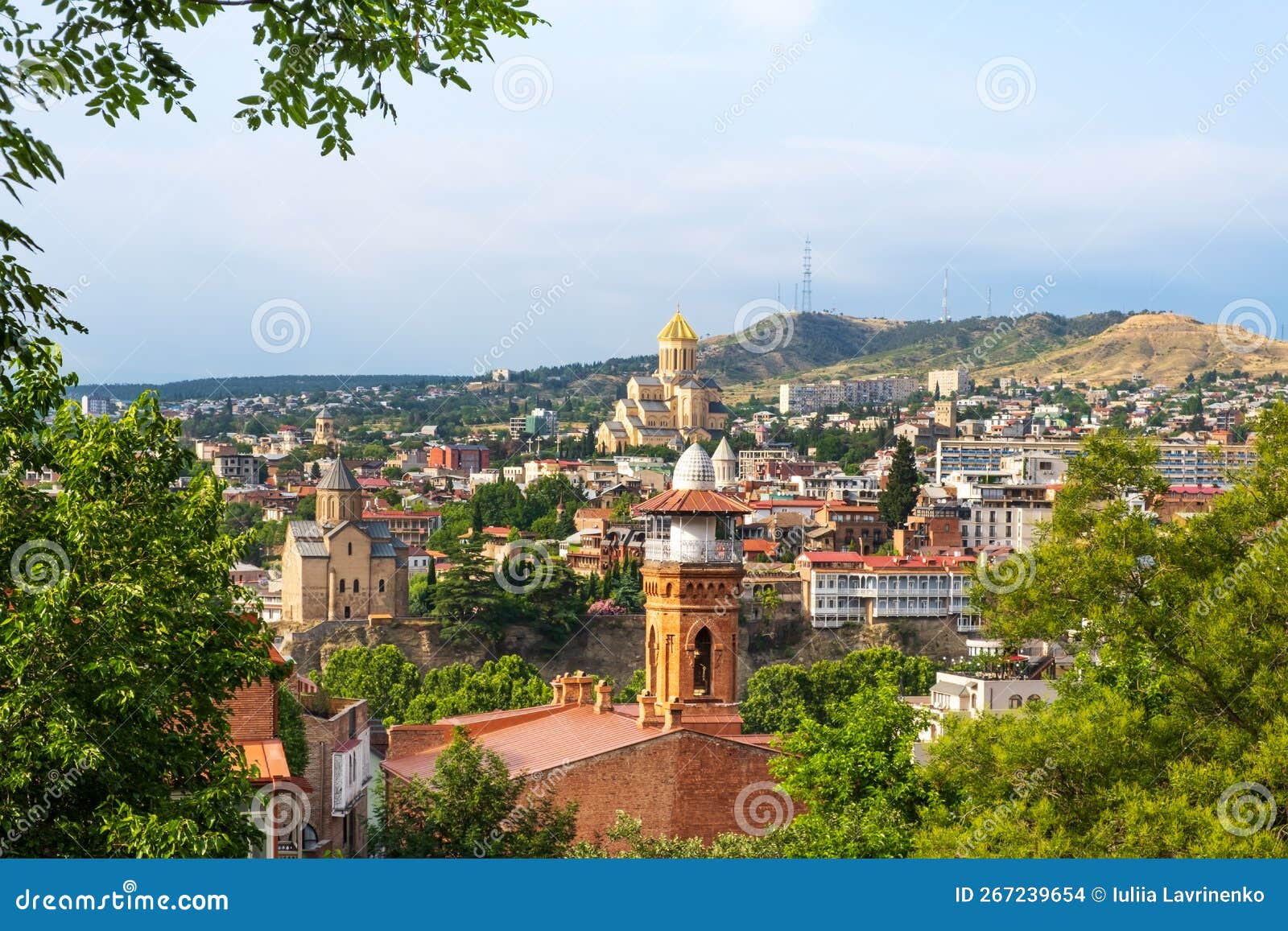 tbilisi old town with jumah mosque in sulfur baths district, metekhi church on bank of river kura and sameba cathedral