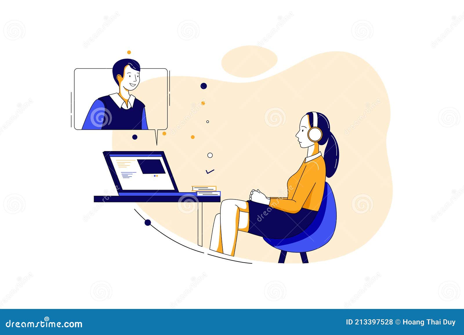 Businesswoman Wear Headphones Listen Candidate Answers during Online