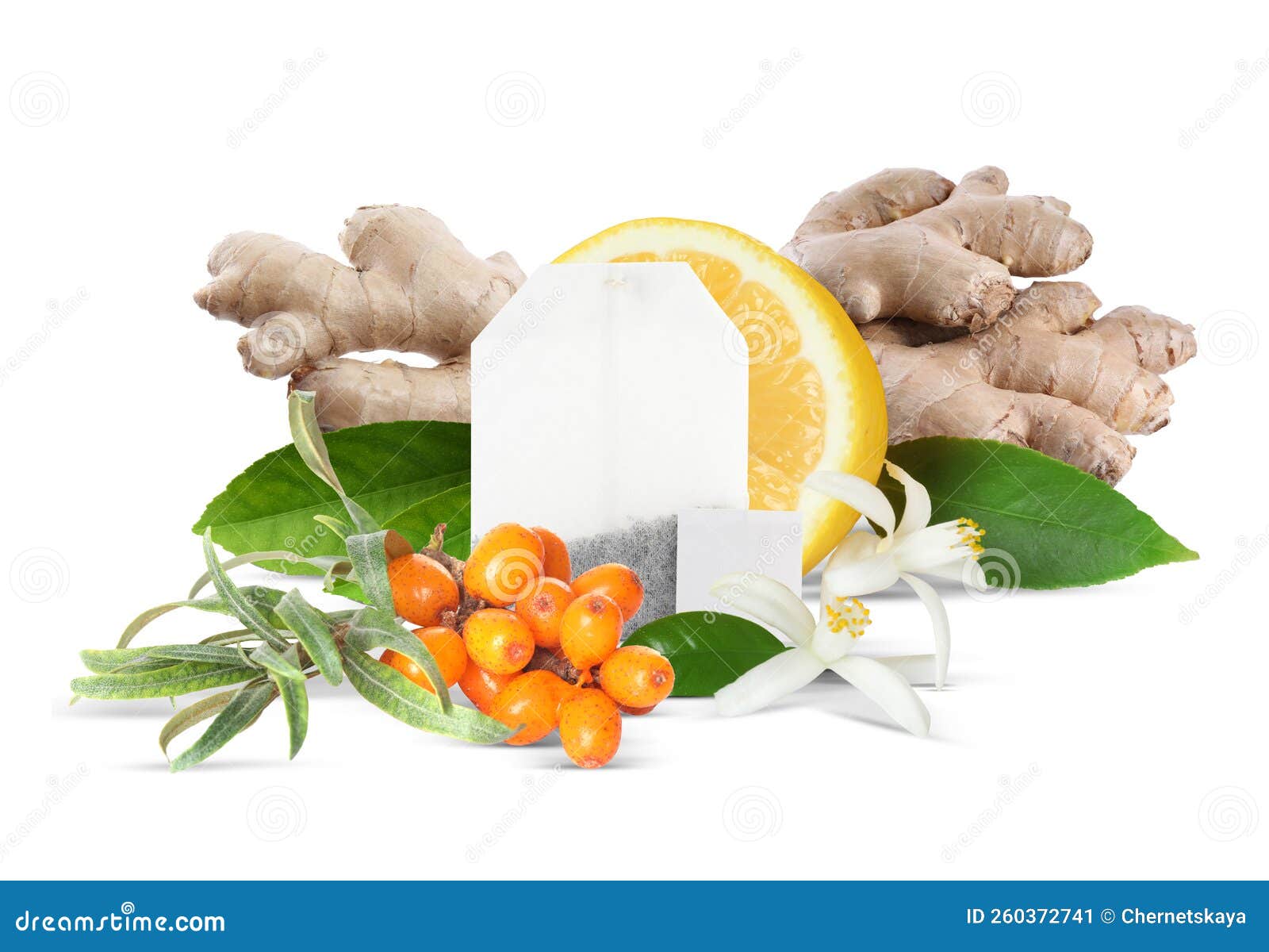 Tea Bag with Different Healthy Ingredients on White Background Stock