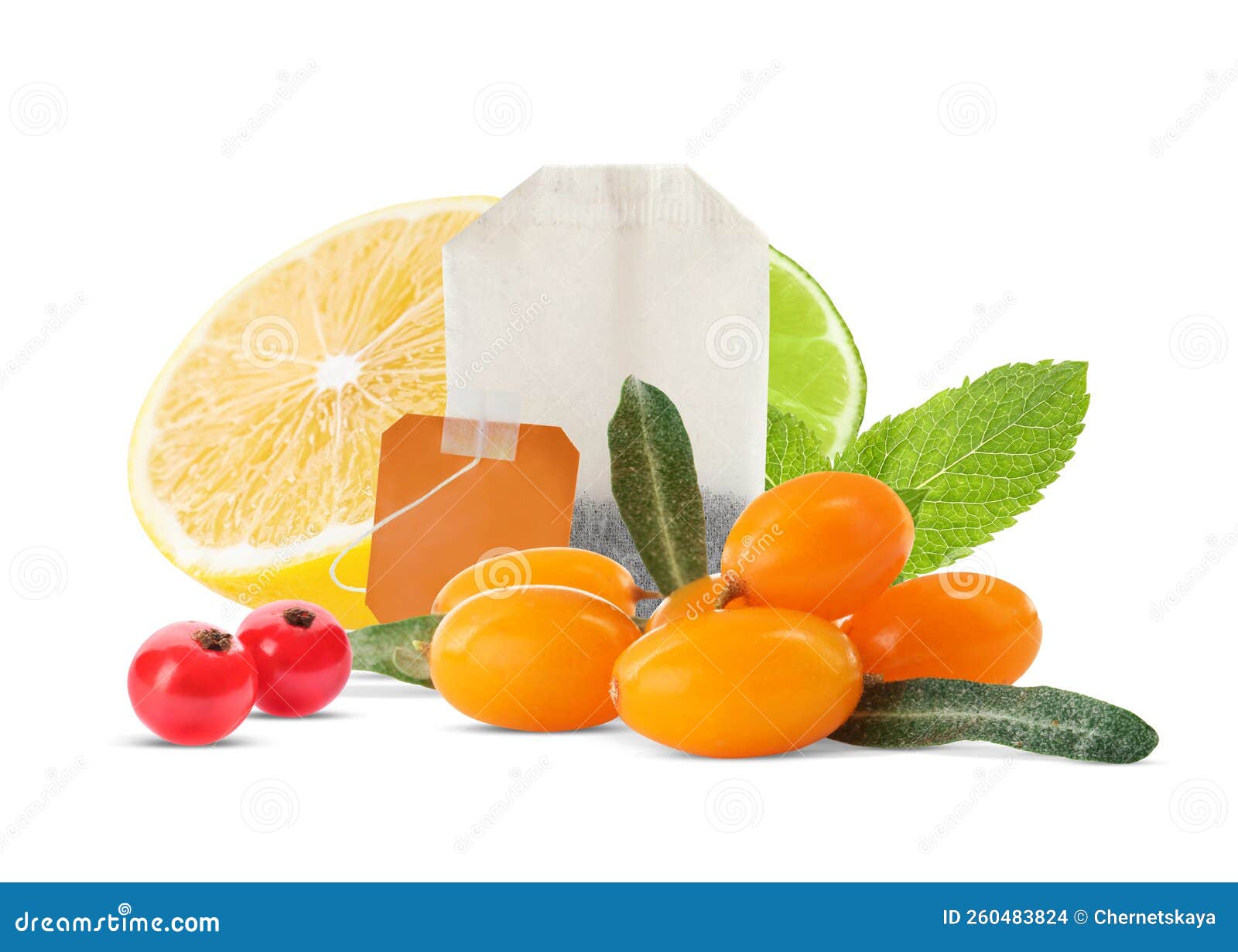 Tea Bag with Different Healthy Ingredients on White Background Stock
