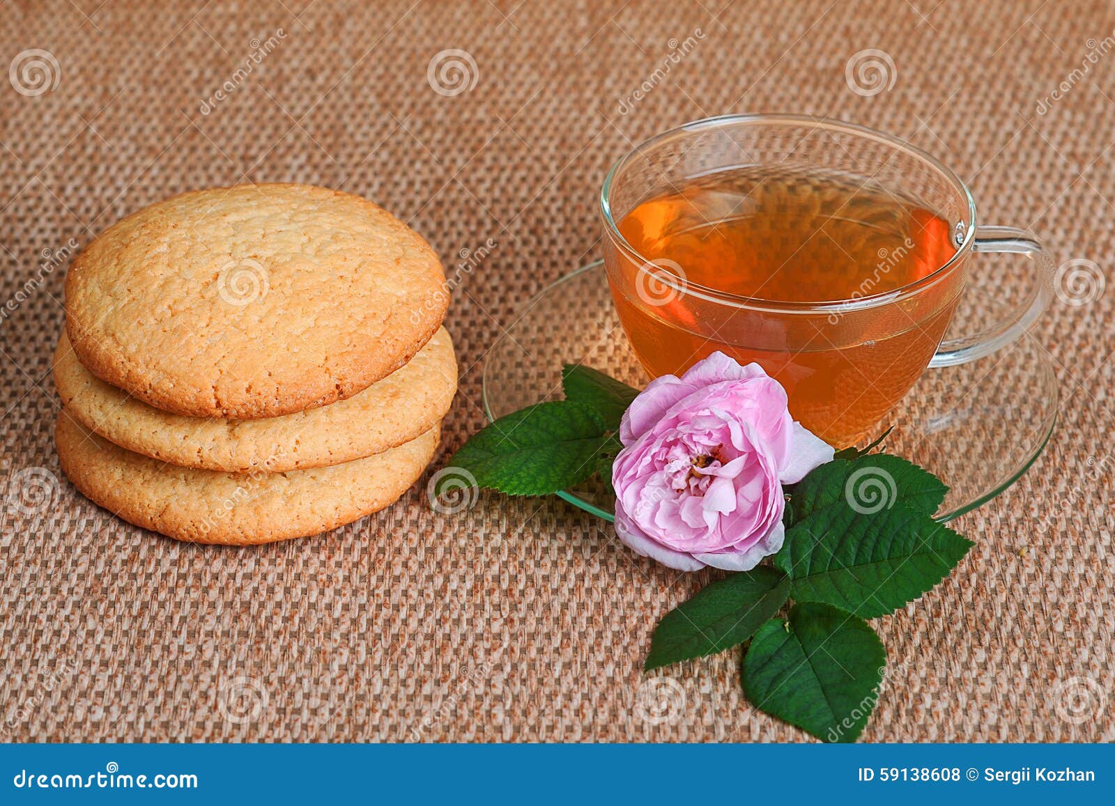 Tea, biscuit and tea rose stock photo. Image of cake 59138608