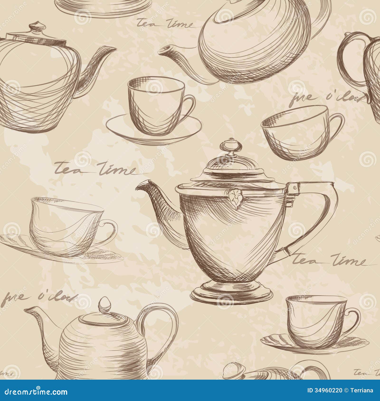 Tea Ceremony Seamless Texture. Kettle And Cups Wallpaper. Stock Photo