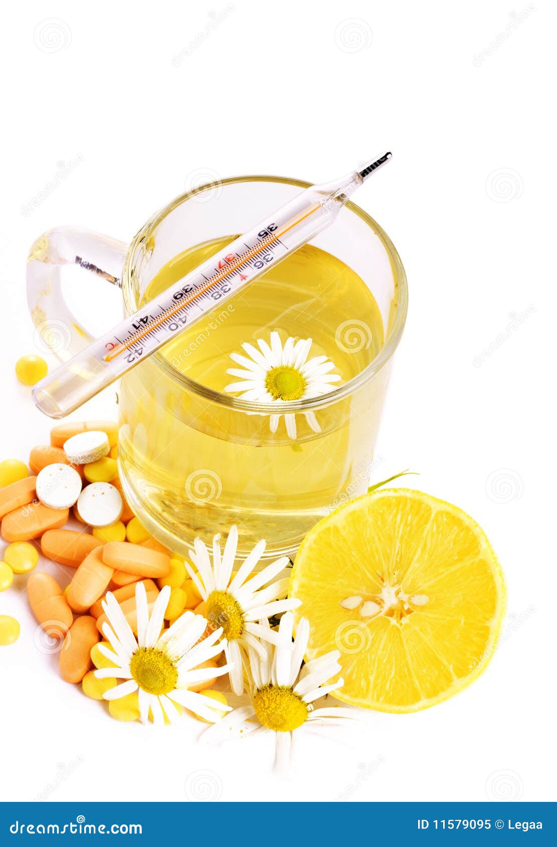 Tea with Chamomile,lemon, Thermometer and Pills Stock Image Image of