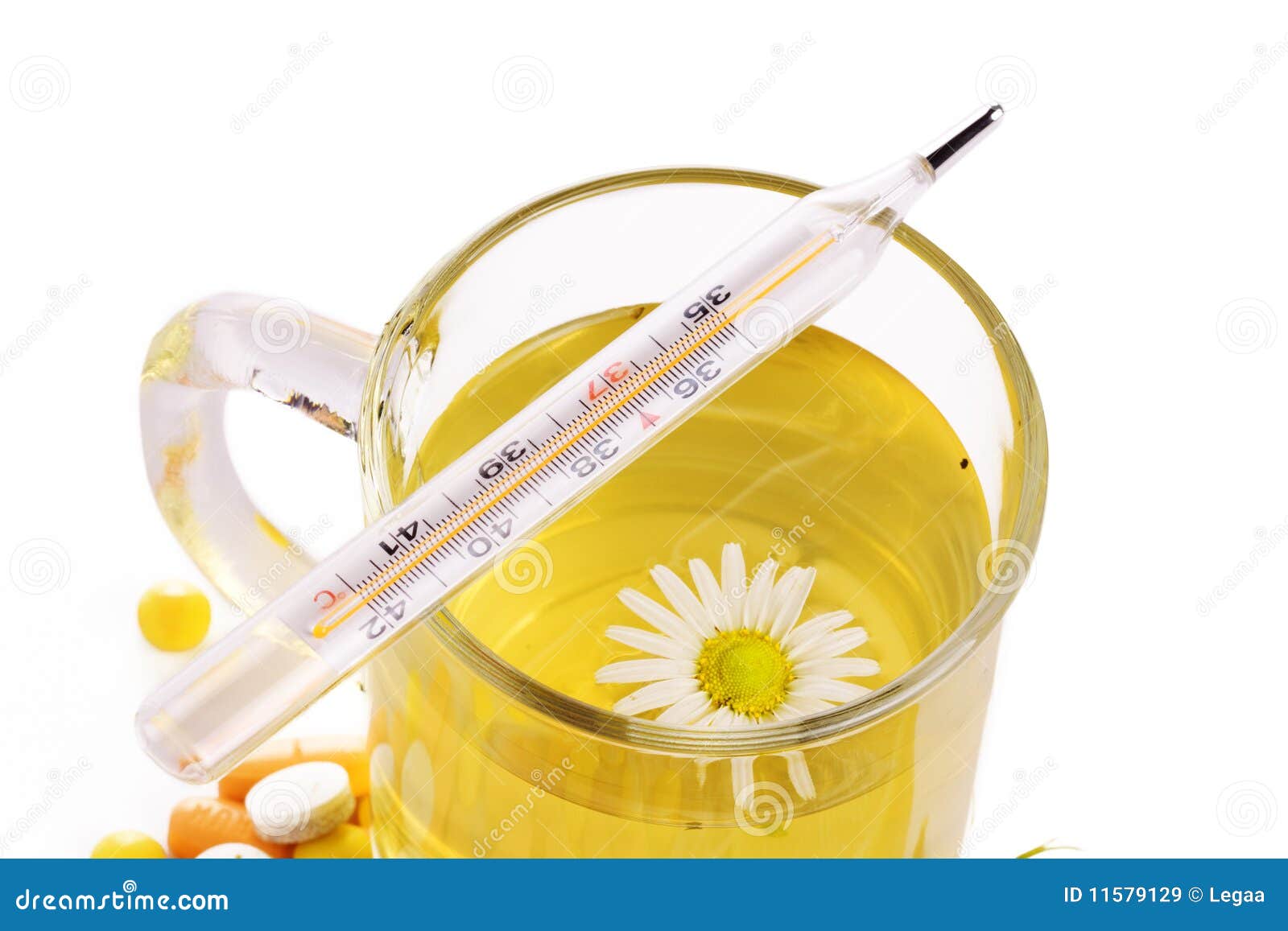 Tea with Chamomile, Thermometer and Pills Stock Image Image of