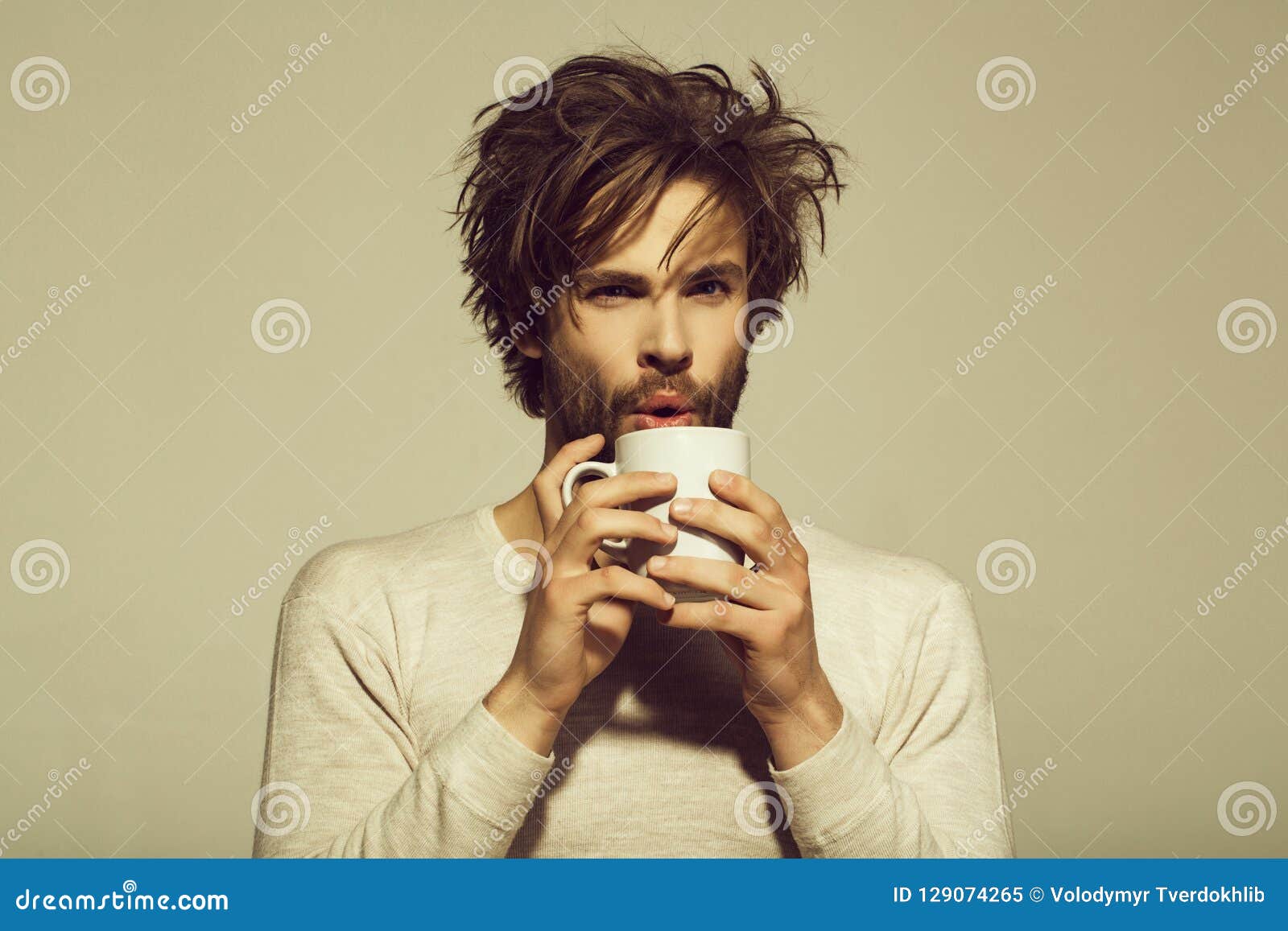 Tea or Coffee at Man Drink from Cup Stock Image - Image of grey ...