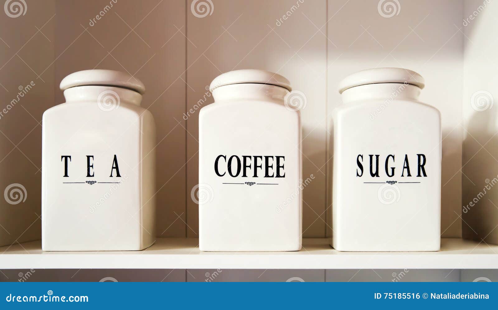 Tea Coffee and Sugar Bowl in Pantry Shelf Stock Photo Image of white