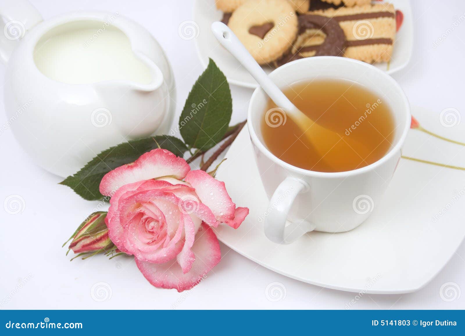 Tea Cup with Cookies, Milk and a Rose Stock Image Image of chocolate
