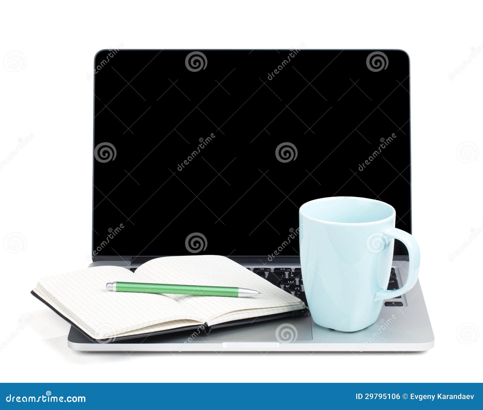 Tea Cup and Office Supplies on Laptop Stock Photo Image of data