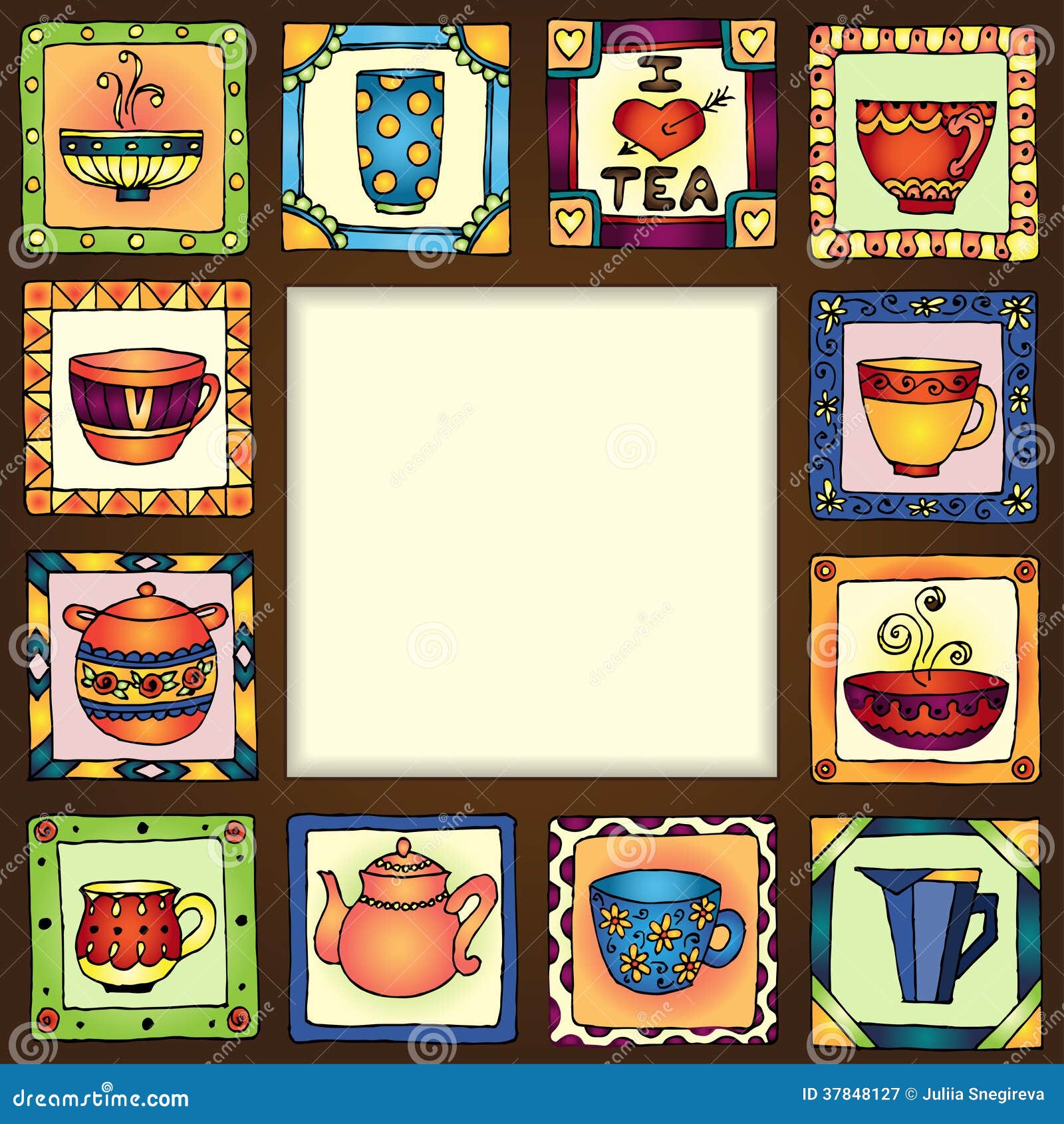 Tea Cups and Pots Frame Hand Drawn Design. Stock Vector Illustration