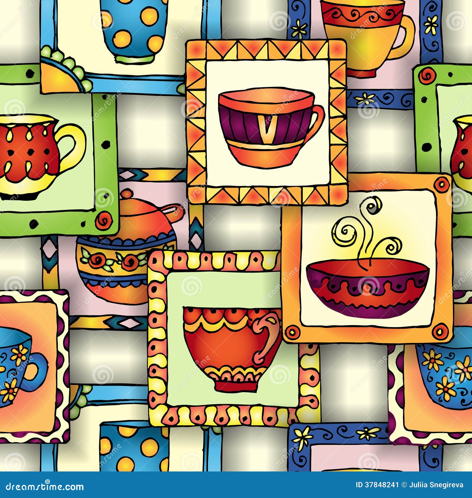 Tea Cups and Pots Frame Unique Design. Stock Vector Illustration of