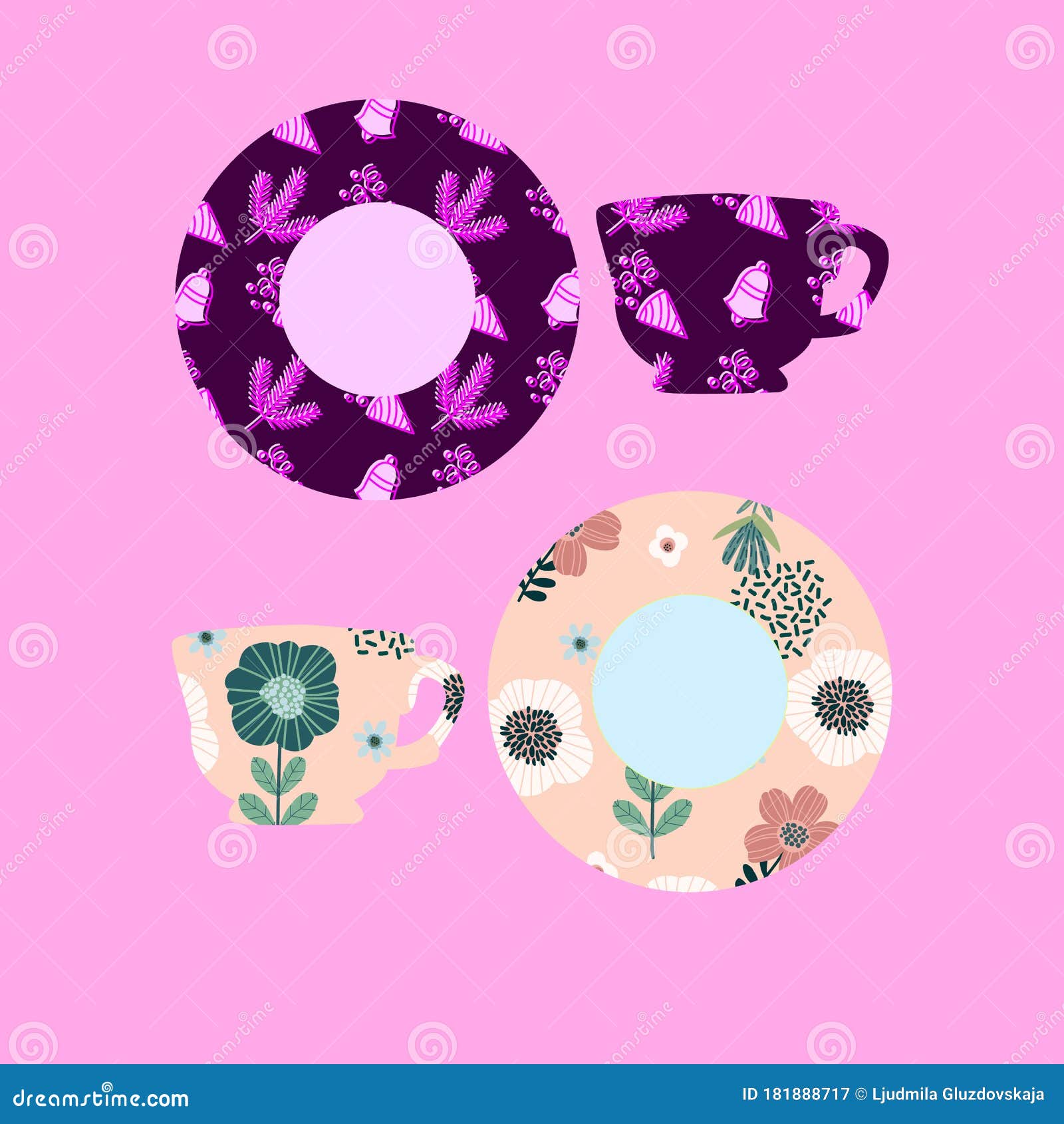 Tea Cups and Saucers Painted with Patterns, Vector Illustration Stock