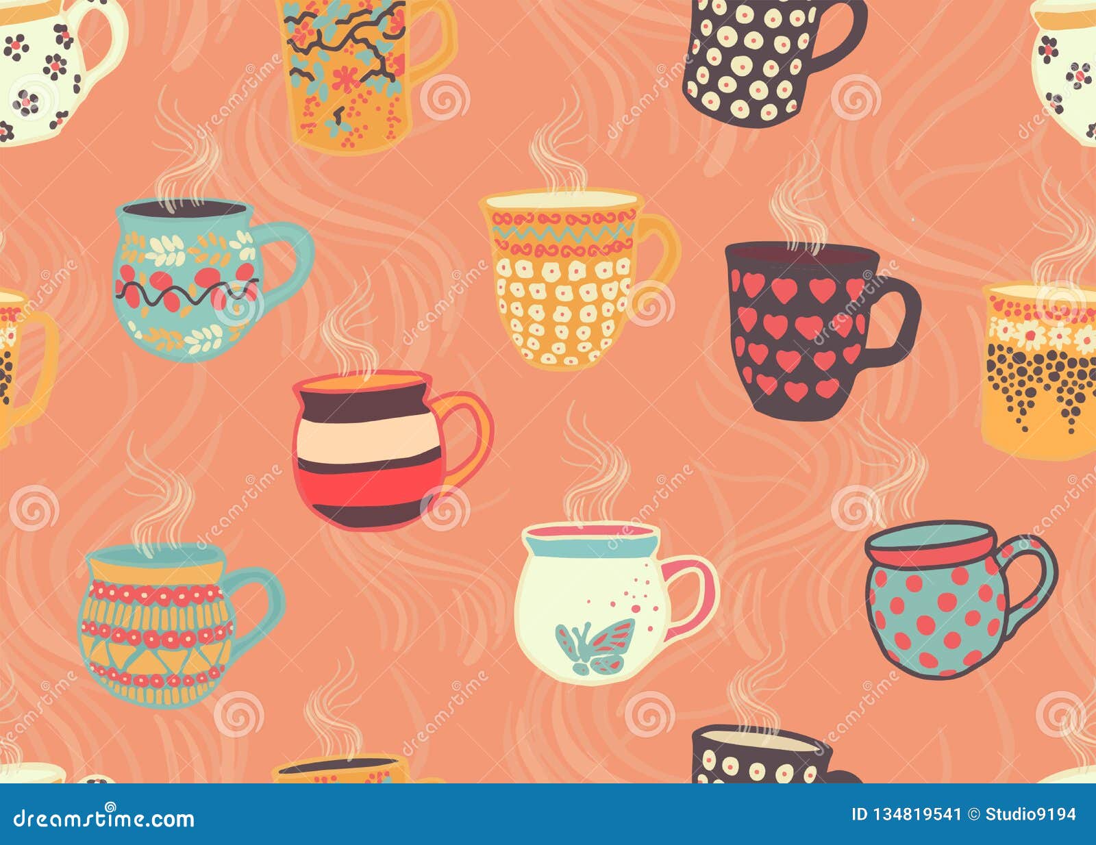 Tea Cups Seamless Pattern Background Coral. Hot Steaming Cups. Hygge Tea  Time. Hand Drawn Mugs Stock Illustration - Illustration of household,  backdrop: 134819541