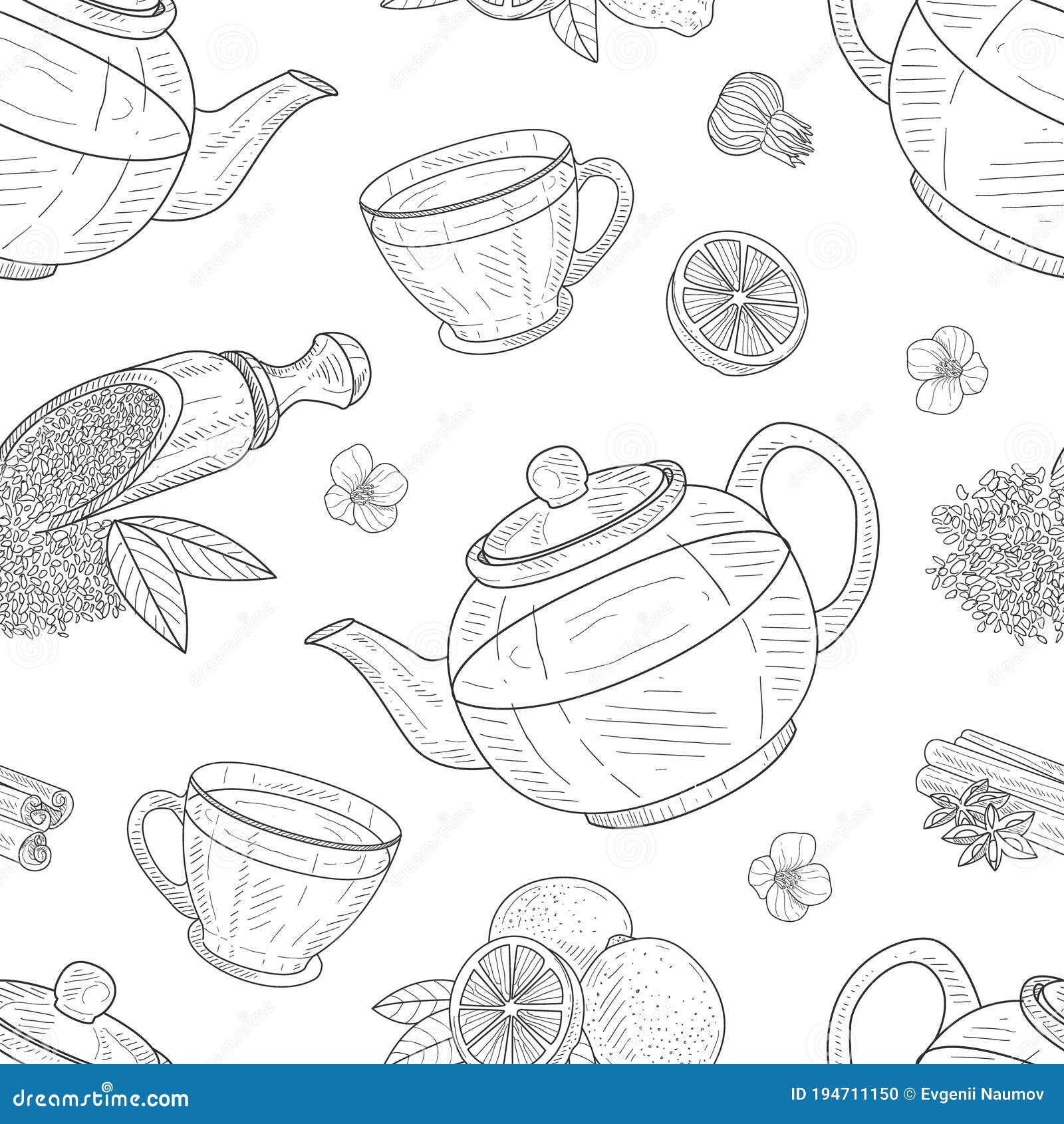 Tea Elements Seamless Pattern, Cafe, Restaurant Menu or Tea Shop Design,  Fabric, Packaging, Background Hand Drawn Vector Stock Vector - Illustration  of medicinal, leaf: 194711150