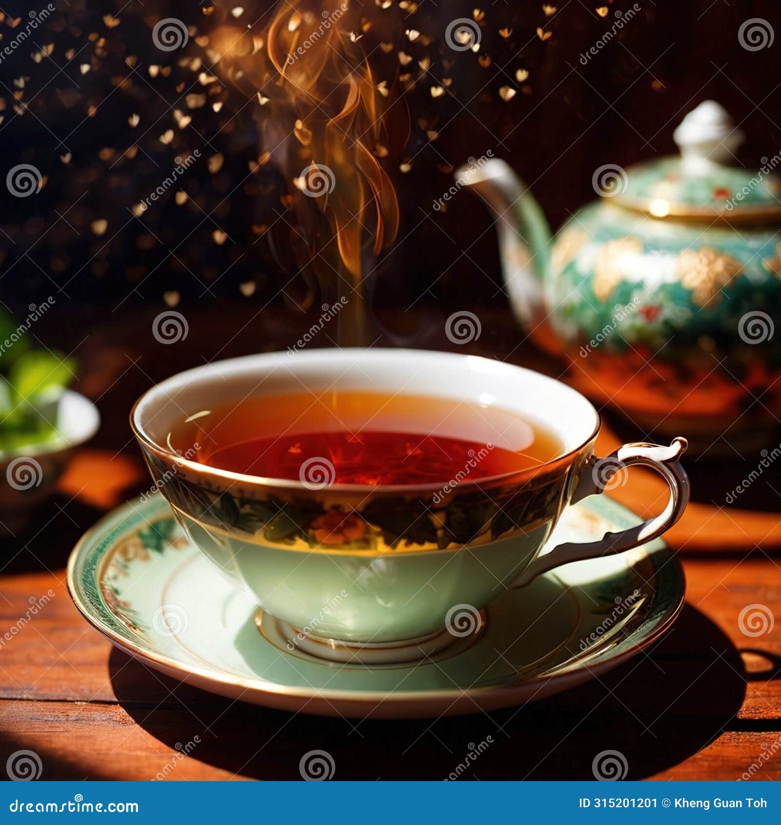 tea, fresh brewed black tea in cup with tea leaves