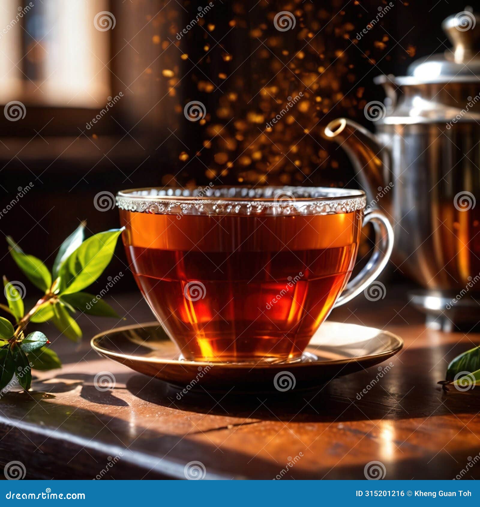 tea, fresh brewed black tea in cup with tea leaves