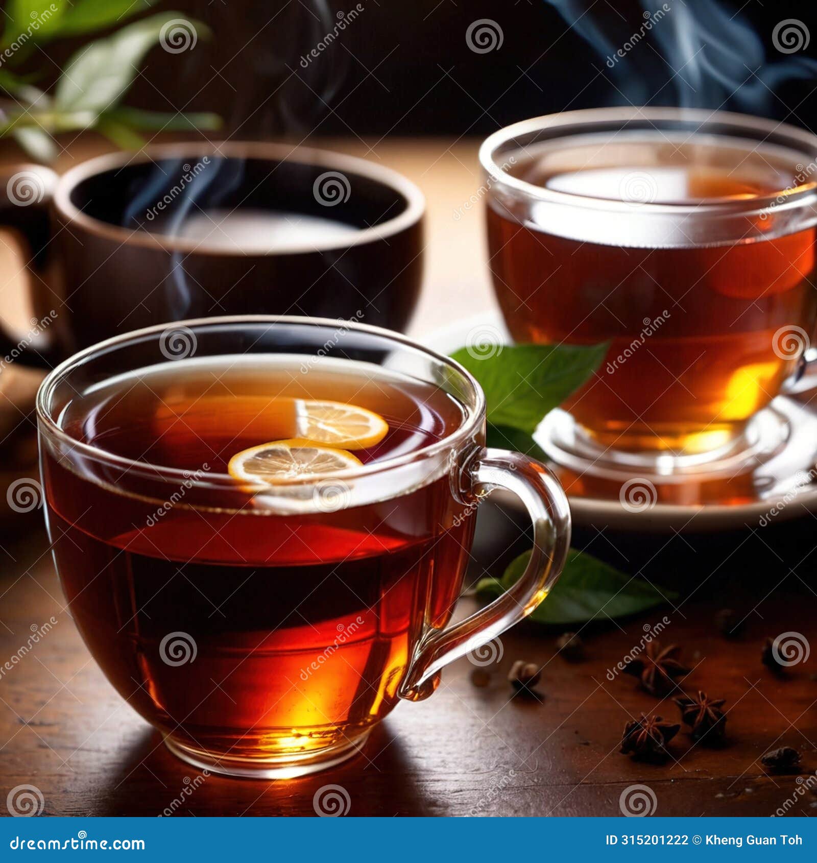 tea, fresh brewed black tea in cup with tea leaves