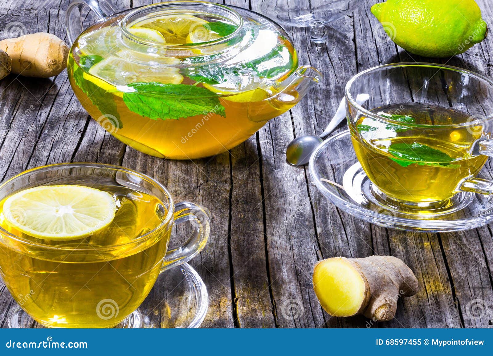 Tea with Ginger, Lemon, Mint Leaves , Closeup Stock Image Image of