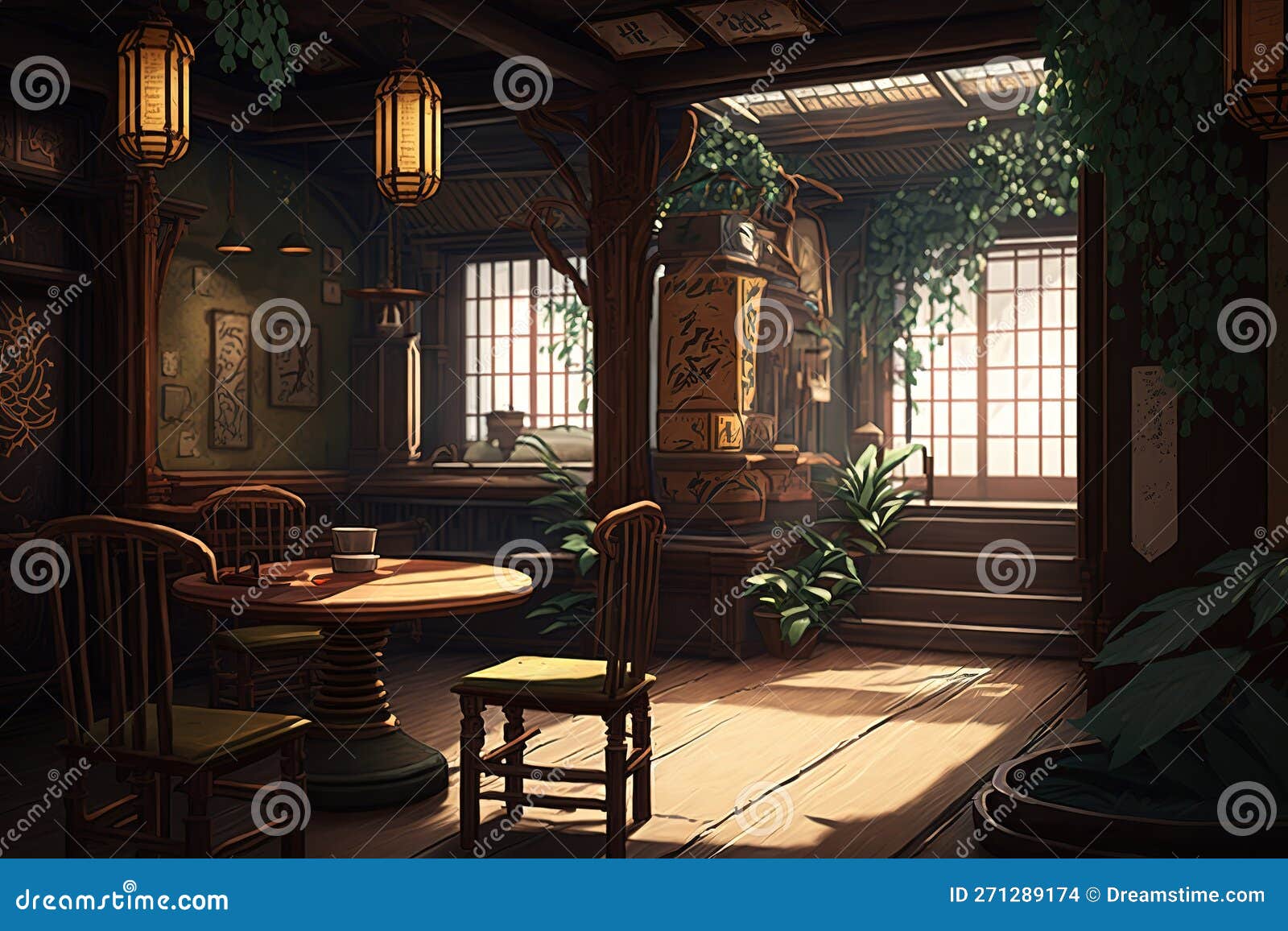 Tea House Cafe Interior, AI Generated Stock Illustration Illustration