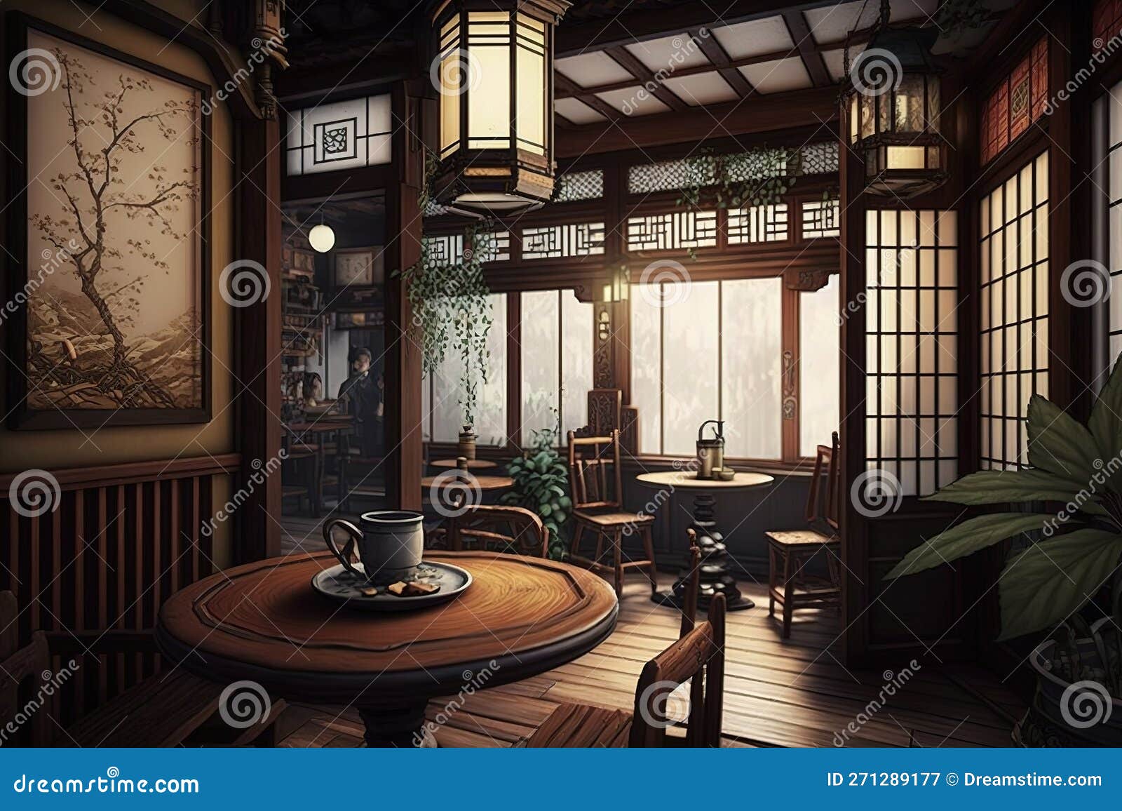 Tea House Cafe Interior, AI Generated Stock Illustration Illustration