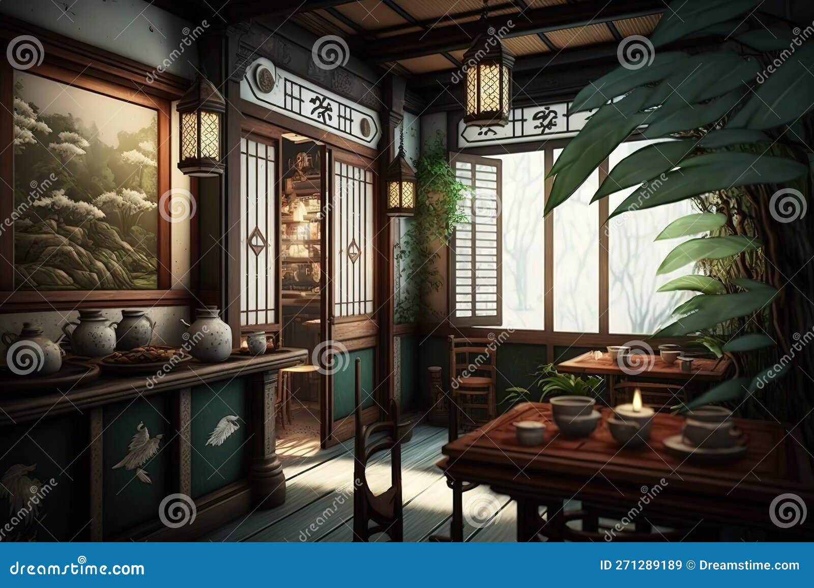 Tea House Cafe Interior, AI Generated Stock Illustration Illustration