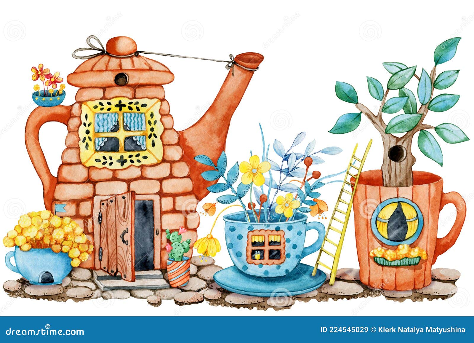 Tea House in the Garden with Flowers, Cartoon Teapot and Cup with Windows  and Doors. Hand Drawn Watercolor Illustration Stock Illustration -  Illustration of flower, isolated: 224545029