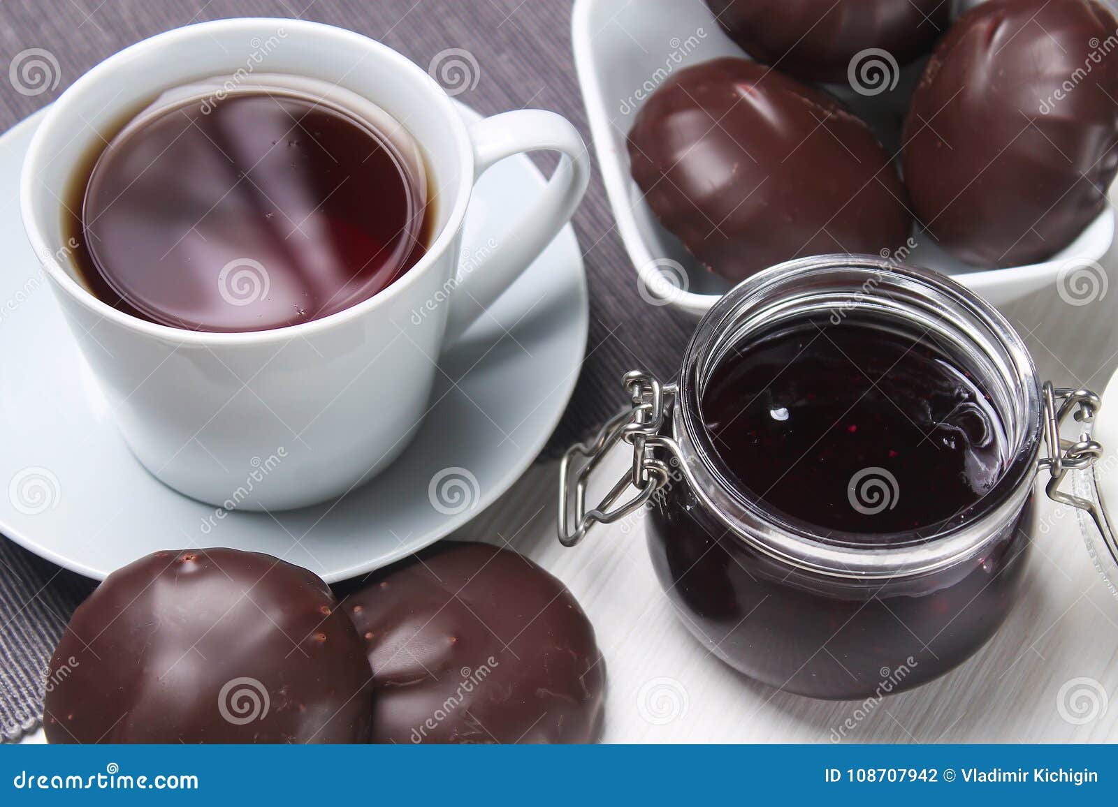 Tea with Jam on the Table. Delicious Dessert. Sweets for Breakfa Stock