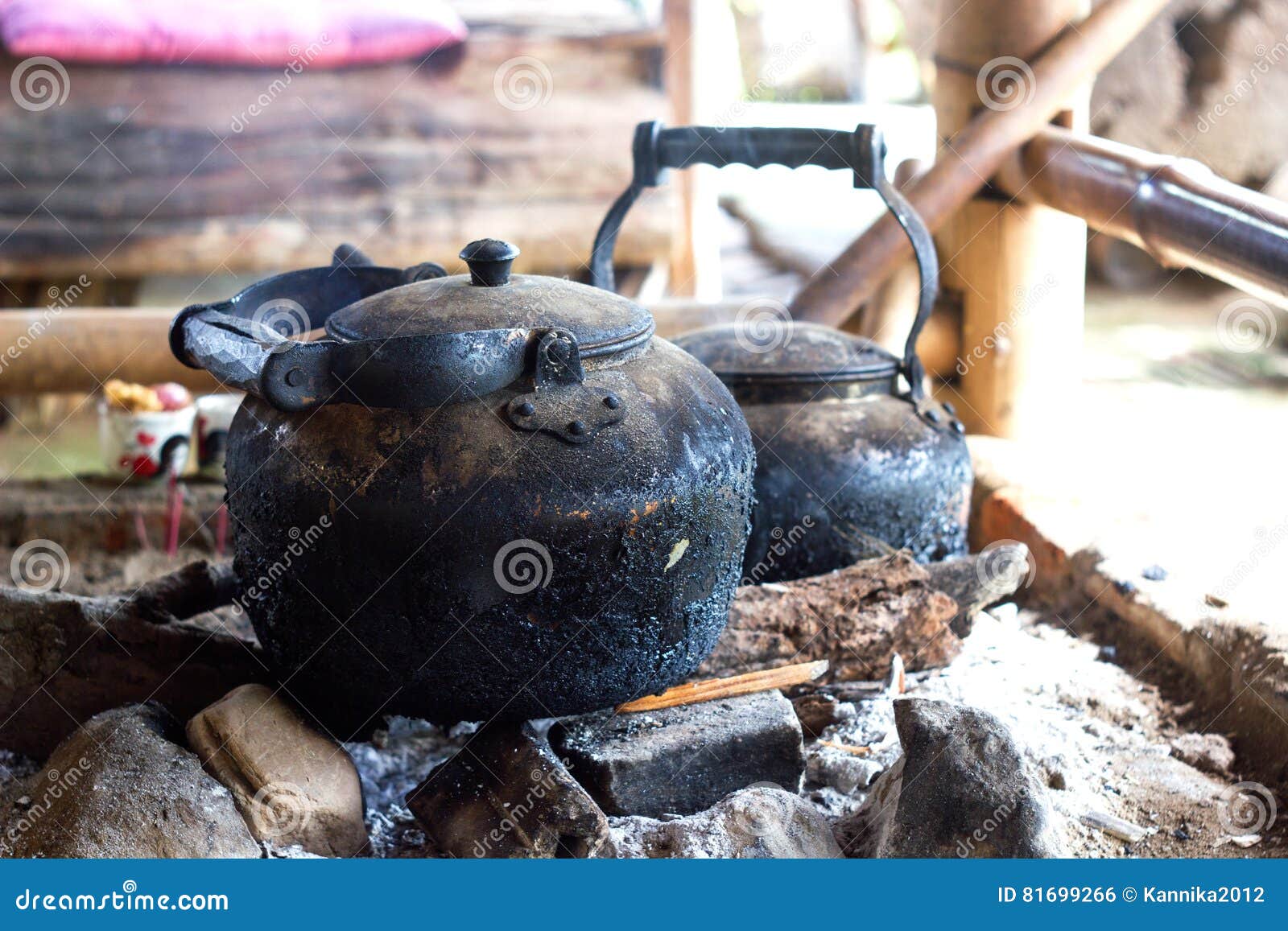 Tea Kettle with Boiling Water on Fire Wood Stock Photo Image of crawa
