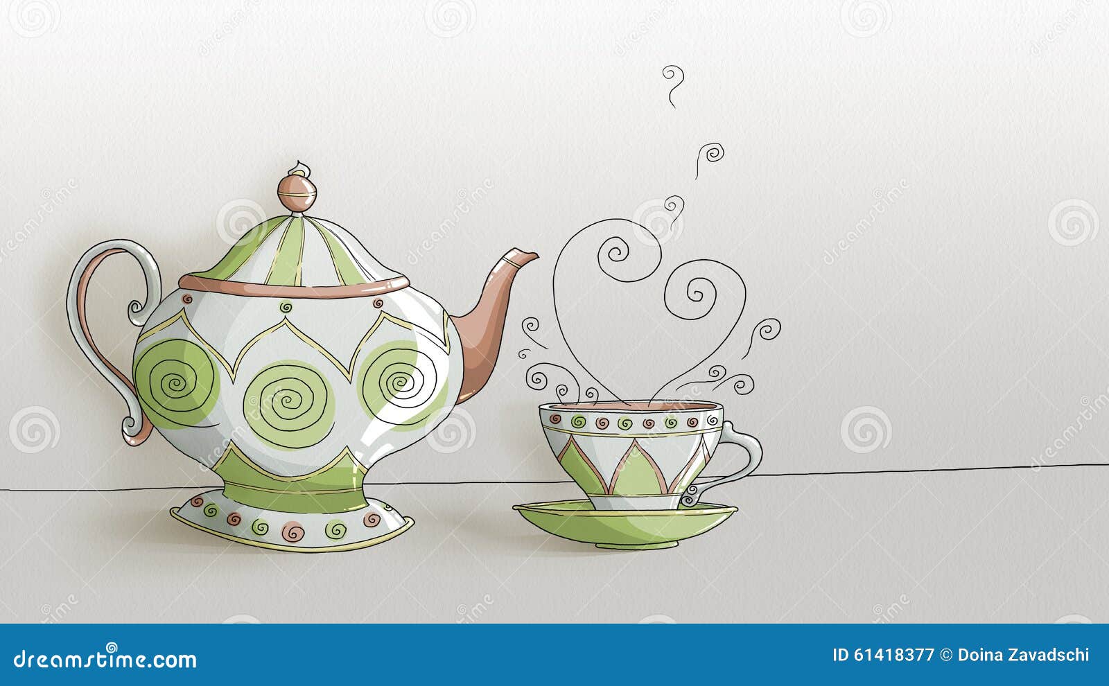 Tea Kettle and Cup with Space for Text Digital Drawing Stock