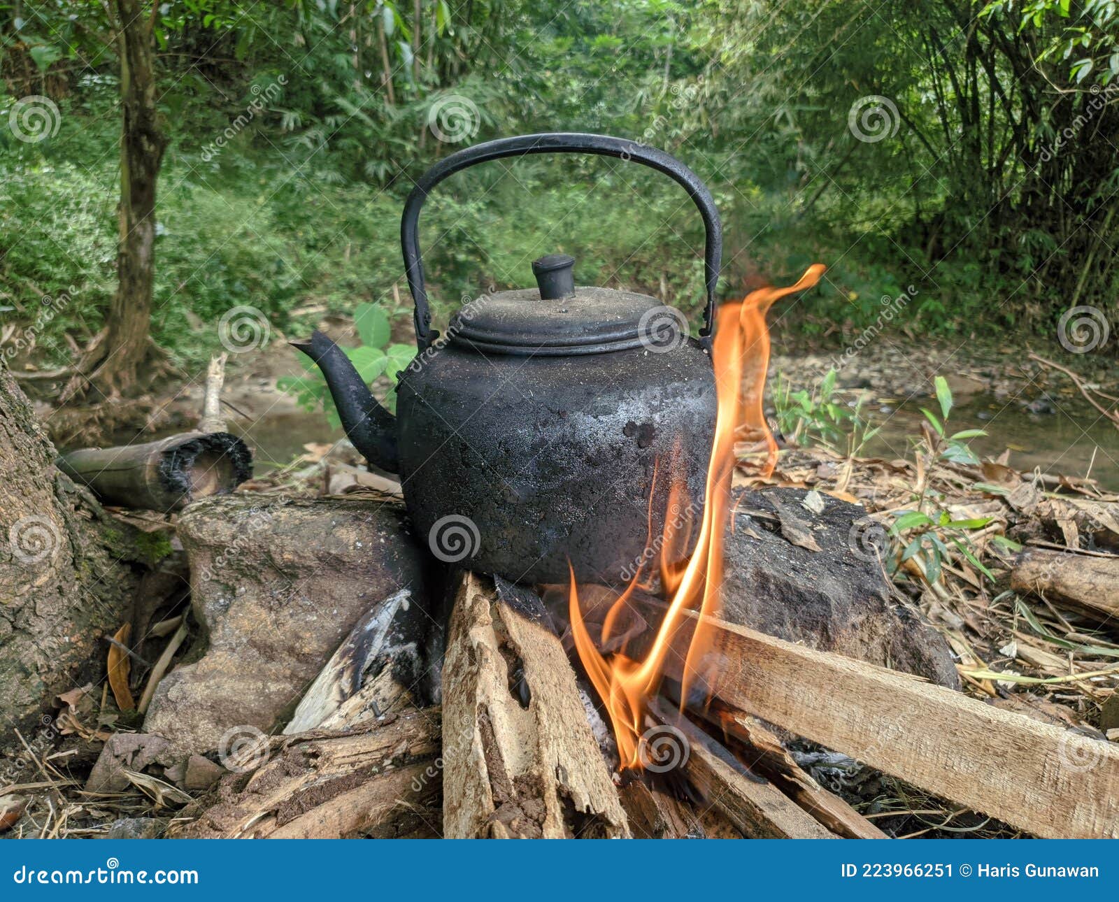 Tea Kettle on Open Fire. Tea in the Camping Stock Image - Image of active,  heat: 223966251