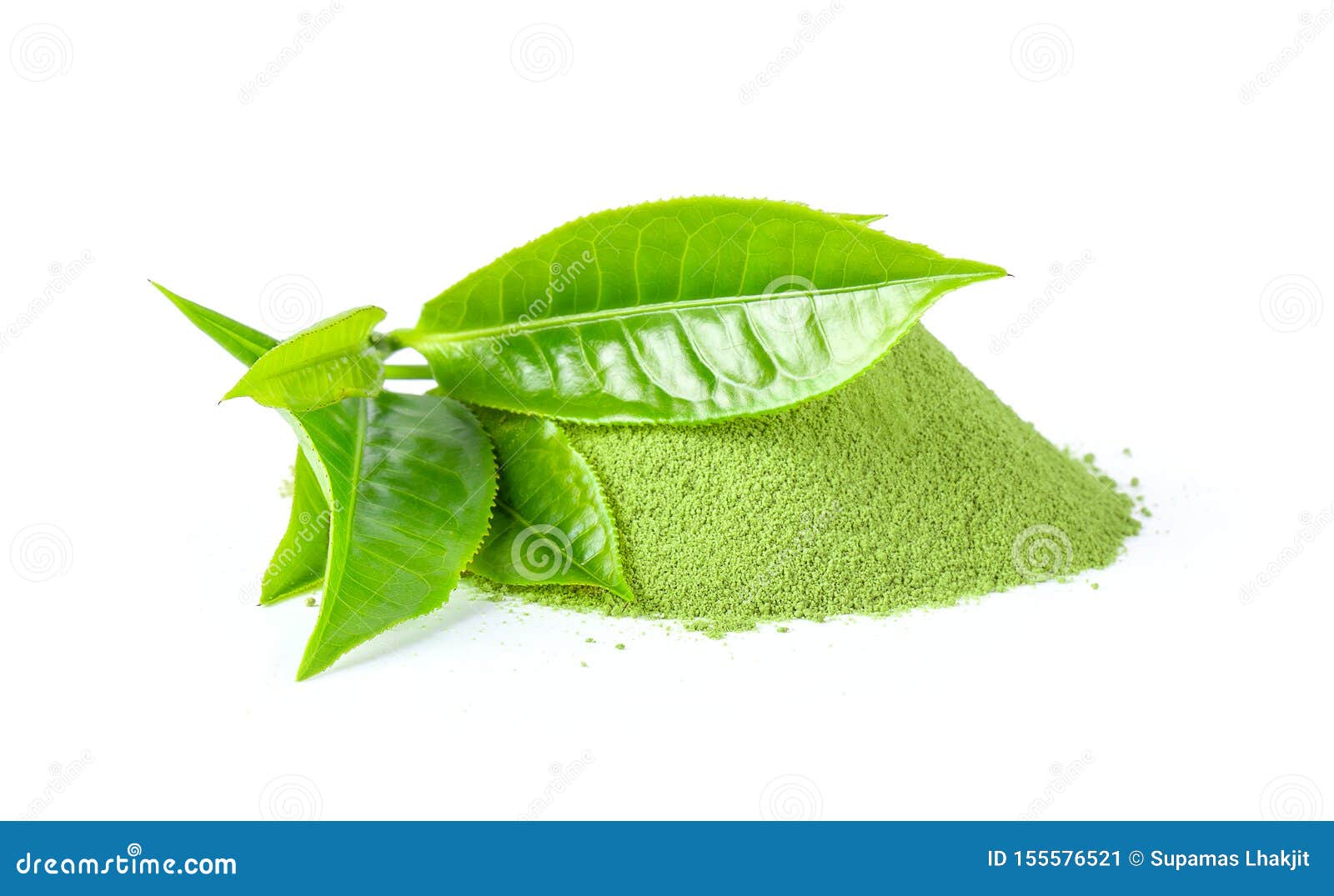 Tea Leaf and Matcha Green Tea Powder on White Background Stock Image
