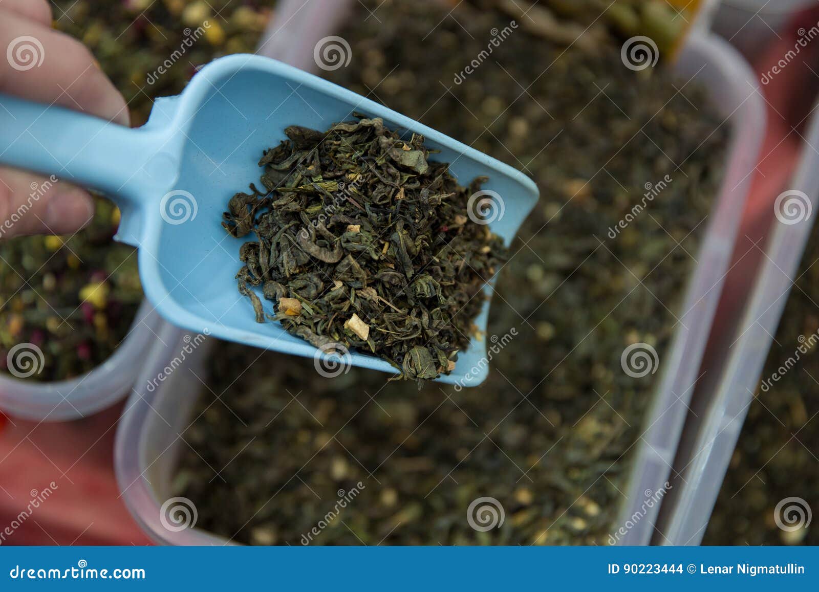 Tea Leaves Background, Green Tea, Plastic Scoop. Stock Photo Image of