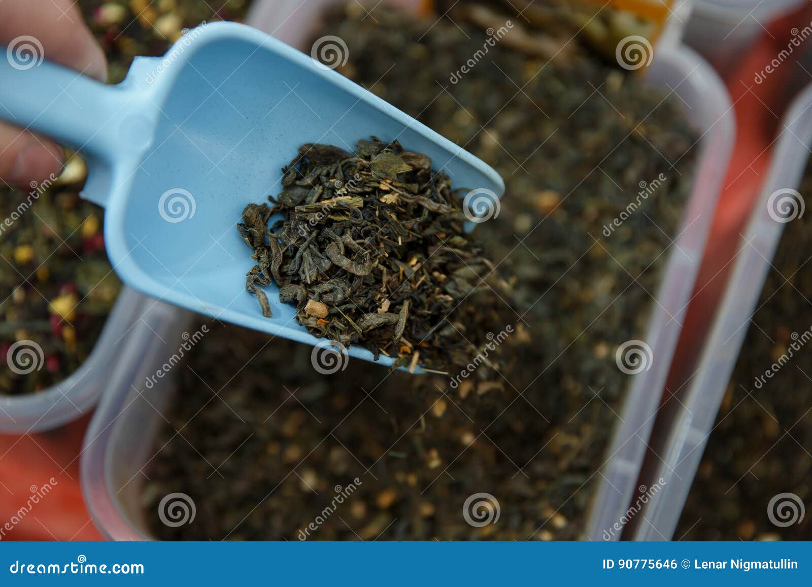 Tea Leaves Background, Green Tea, Plastic Scoop. Stock Photo Image of