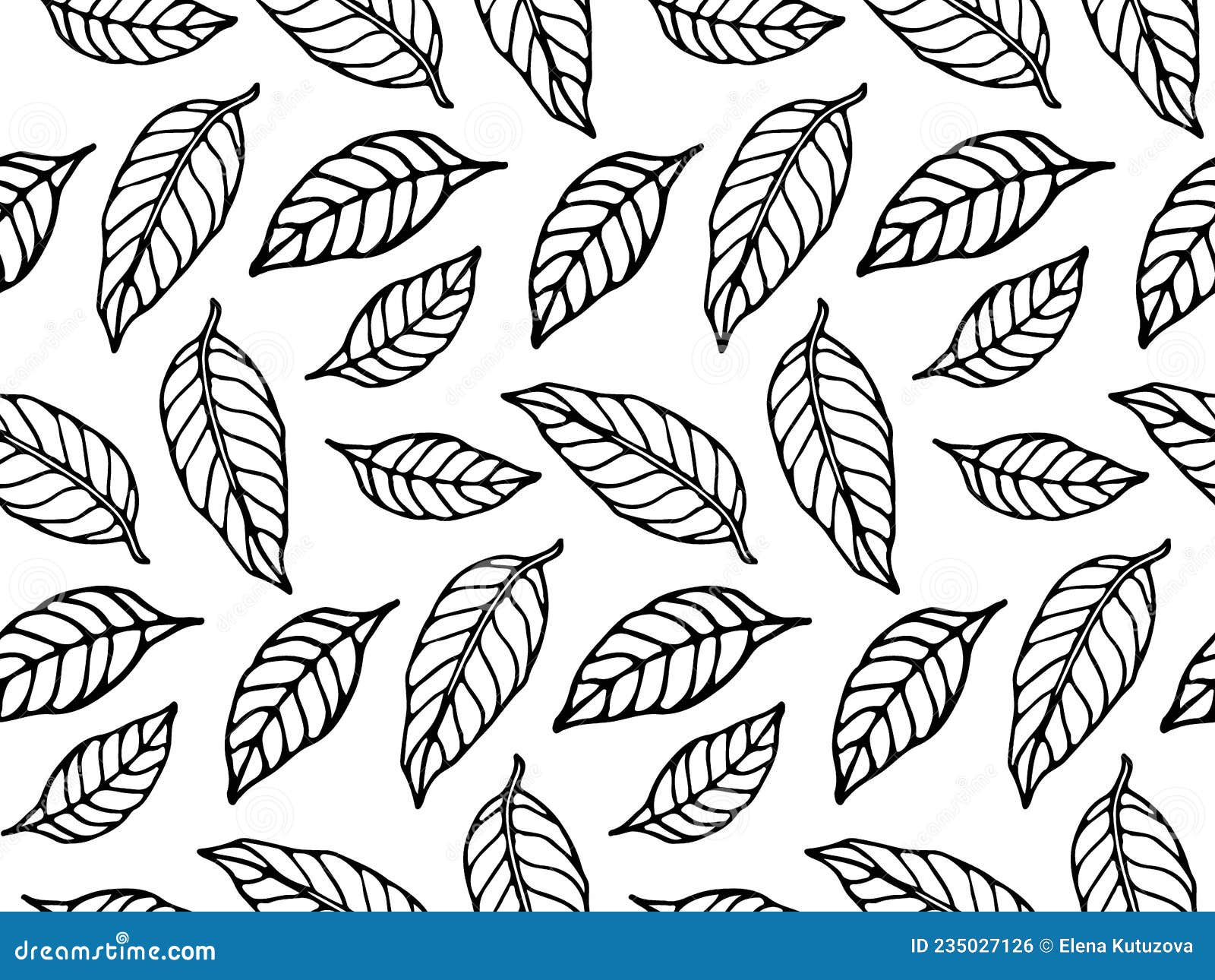 Tea Leaves Sketch Seamless Pattern. Vlack and White Leaves Background
