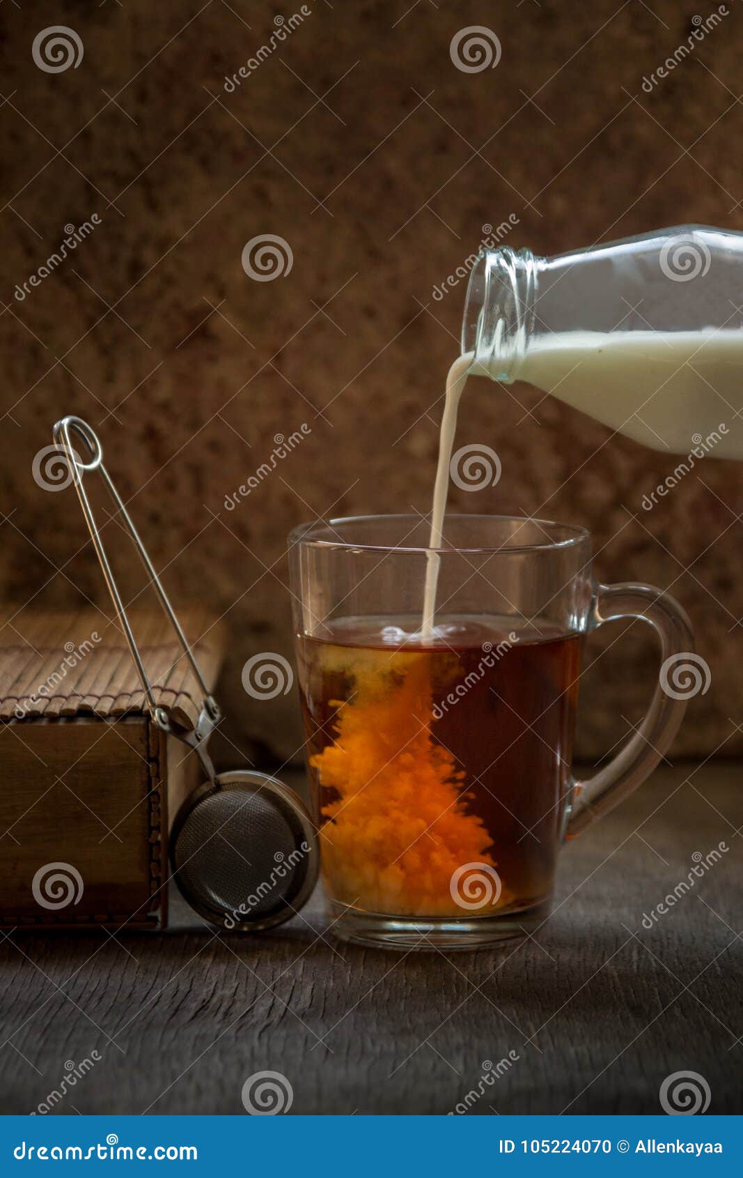 Tea with Milk. Hot Black Tea in a Glass Mug Stock Photo Image of