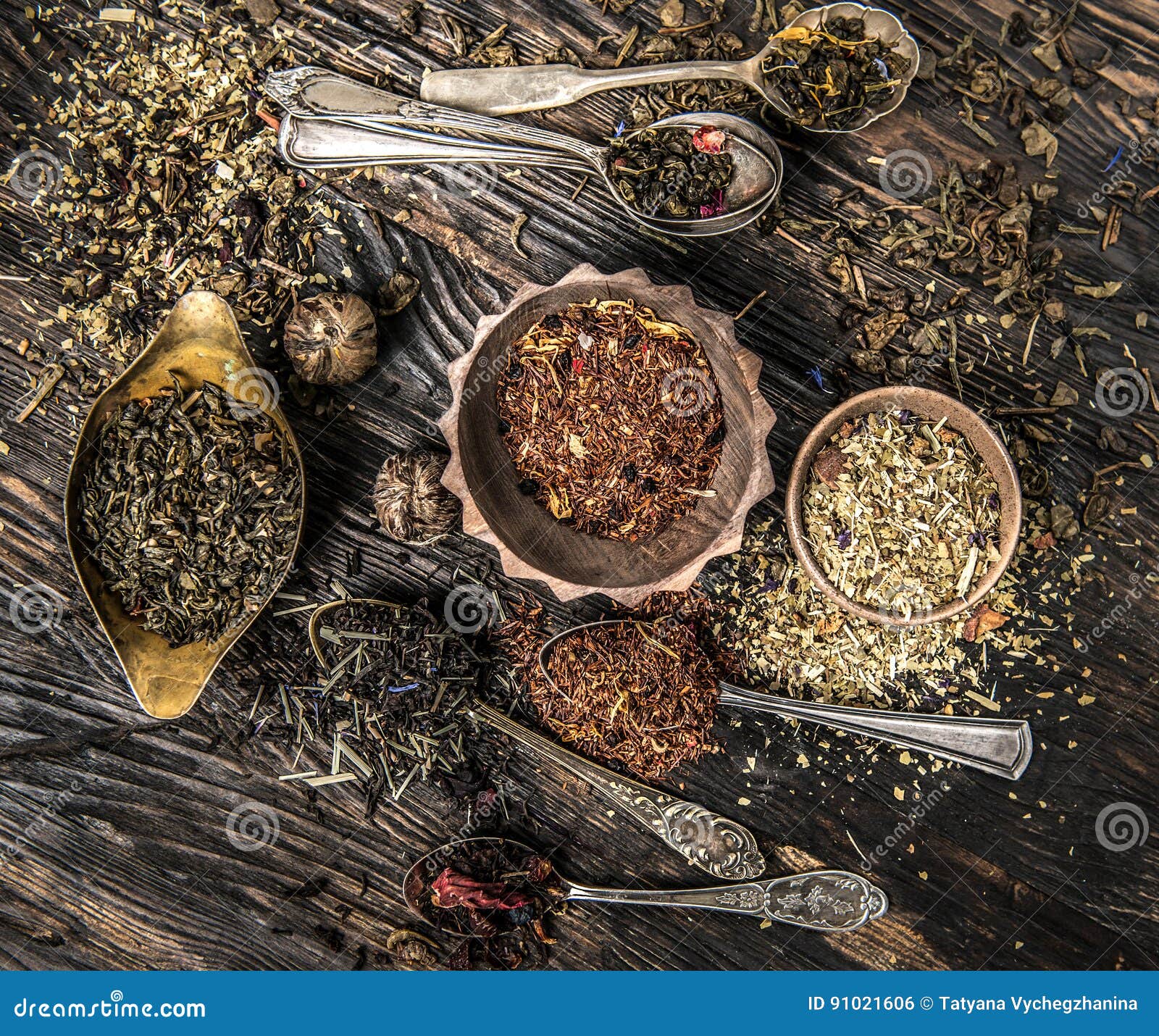 Tea Mixes in Old-fashioned Copper Dishware, Topview Stock Photo - Image ...